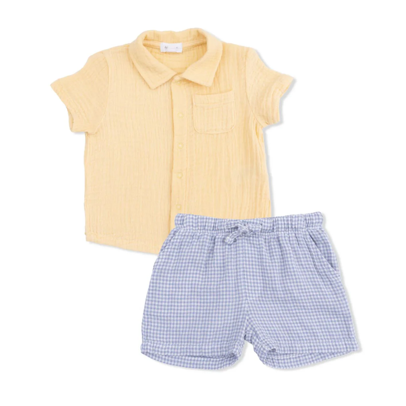 Polo Button Up with Casual Short - Micro Gingham Blue Blizzard by Angel Dear