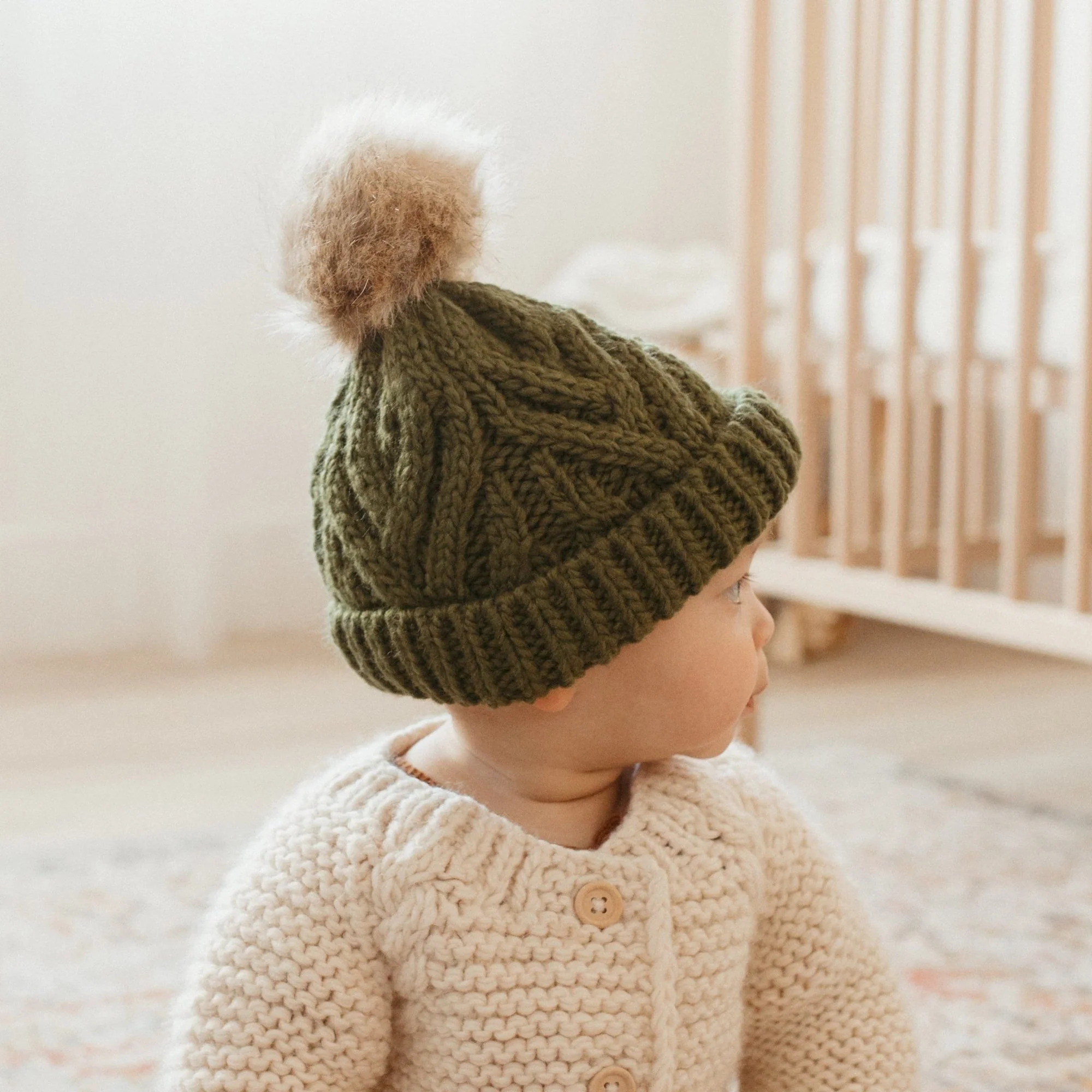 Pop Pom Knit Hat - Mossy Green by Huggalugs - Image 2