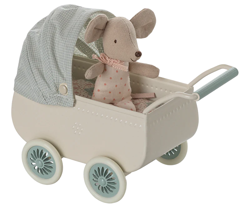 Pram with Baby Mouse - Mint by Maileg - Image 3