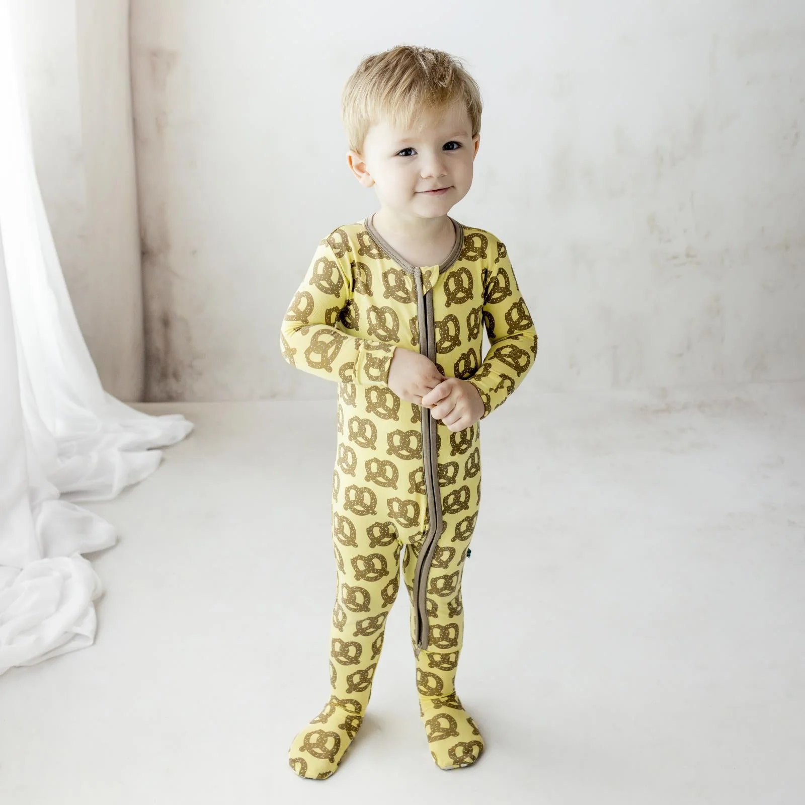 Print Footie with 2 Way Zipper - Flax Giant Pretzel by Kickee Pants - FINAL SALE - Image 2