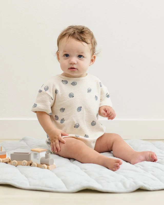 Relaxed Short Sleeve Bubble Romper - Blueberries by Quincy Mae - Image 2