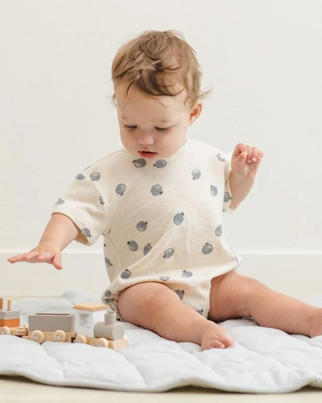 Relaxed Short Sleeve Bubble Romper - Blueberries by Quincy Mae - Image 4