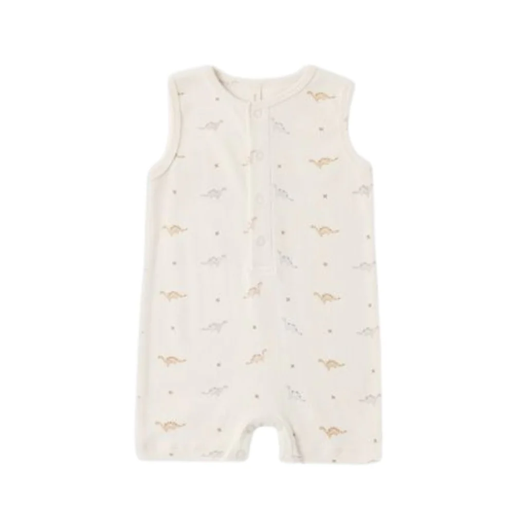 Ribbed Henley Romper - Dinos by Quincy Mae