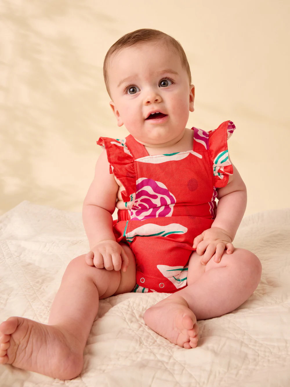 Ruffle Bubble Baby Romper - Flamenco Carnation by Tea Collection - Image 2