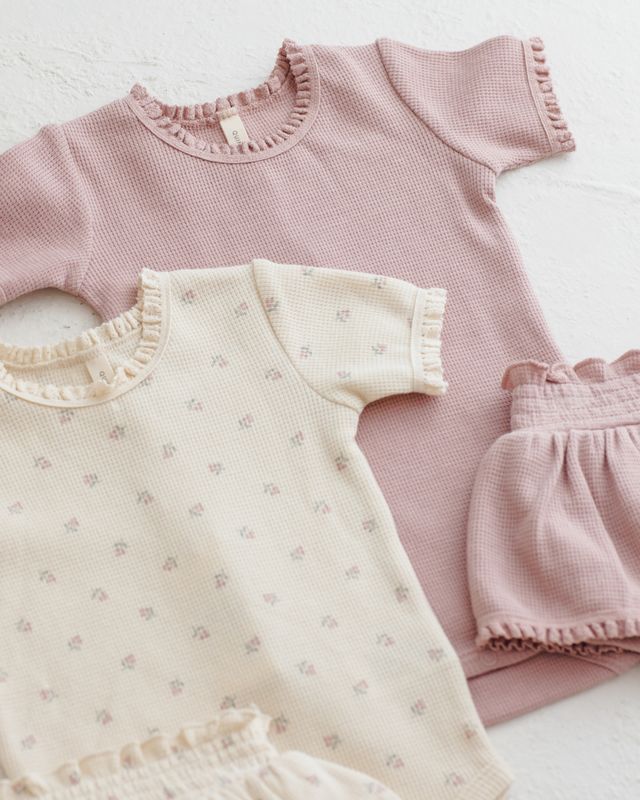 Short Sleeve Waffle Bodysuit - Mauve Ditsy by Quincy Mae - Image 2