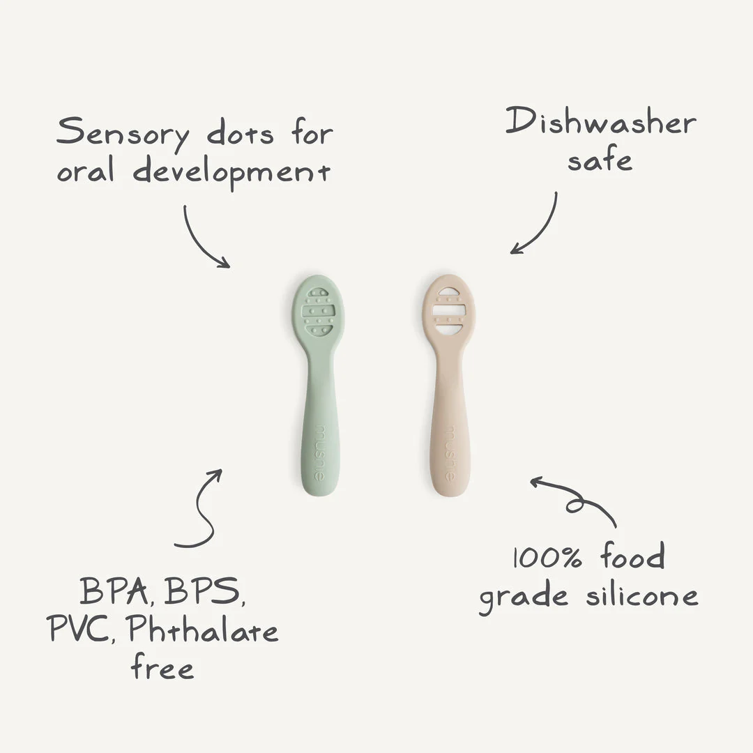 Silicone First Feeding Baby Spoons 2-Pack - Cambridge Blue/Shifting Sand by Mushie & Co - Image 2