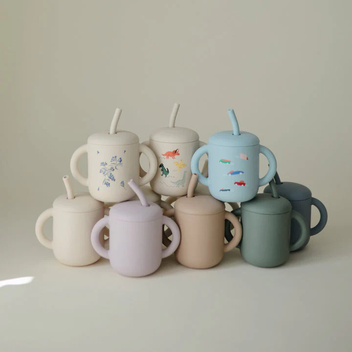 Silicone Training Cup + Straw - Lilac Flowers by Mushie & Co - Image 4