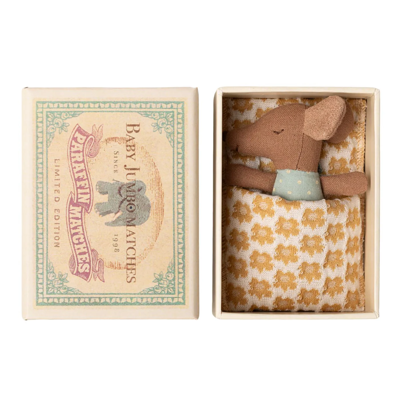 Sleepy Wakey, Baby Mouse in Matchbox - Blue with Floral Blanket by Maileg