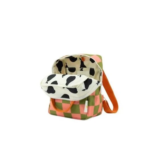 Small Farmhouse Checkerboard Backpack - Sprout Green + Flower Pink by Sticky Lemon - Image 2