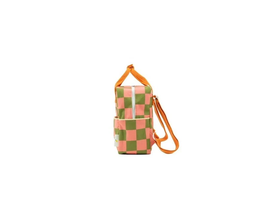 Small Farmhouse Checkerboard Backpack - Sprout Green + Flower Pink by Sticky Lemon - Image 3