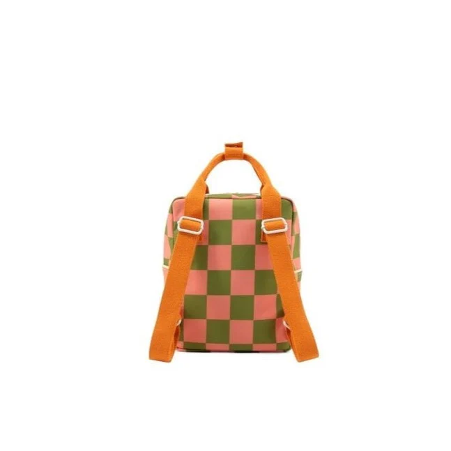 Small Farmhouse Checkerboard Backpack - Sprout Green + Flower Pink by Sticky Lemon - Image 4