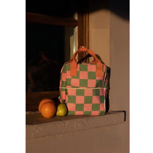 Small Farmhouse Checkerboard Backpack - Sprout Green + Flower Pink by Sticky Lemon - Image 5