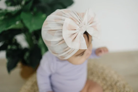 Spring Gingham Neutral/Ivory Messy Bow Baby Turban by Golden Dot Lane - Image 2