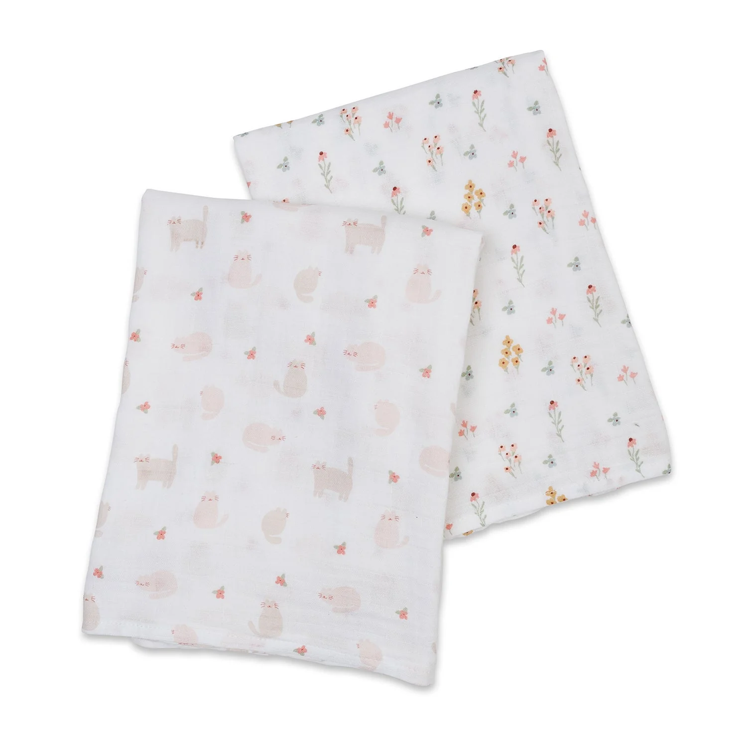 Two Pack Cotton Muslin Swaddles - Kitty Cat & Flower Field by Lulujo - Image 5