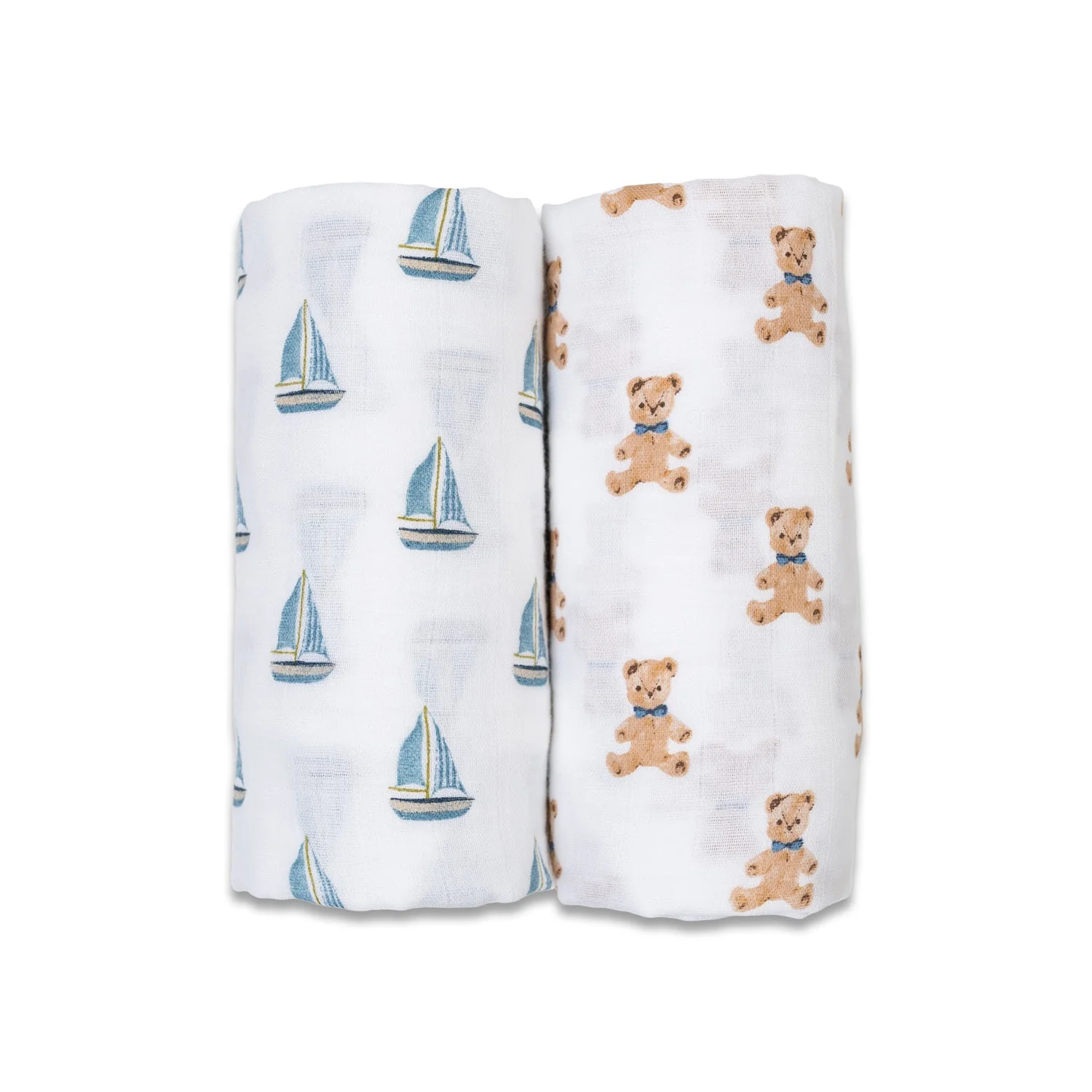 Two Pack Cotton Muslin Swaddles - Vintage Bears & Sailboats by Lulujo - Image 7