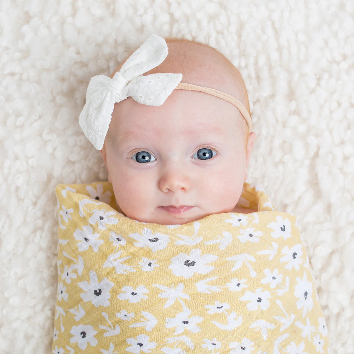 Two Pack Cotton Muslin Swaddles - Yellow Wildflowers & Dots by Lulujo - Image 3
