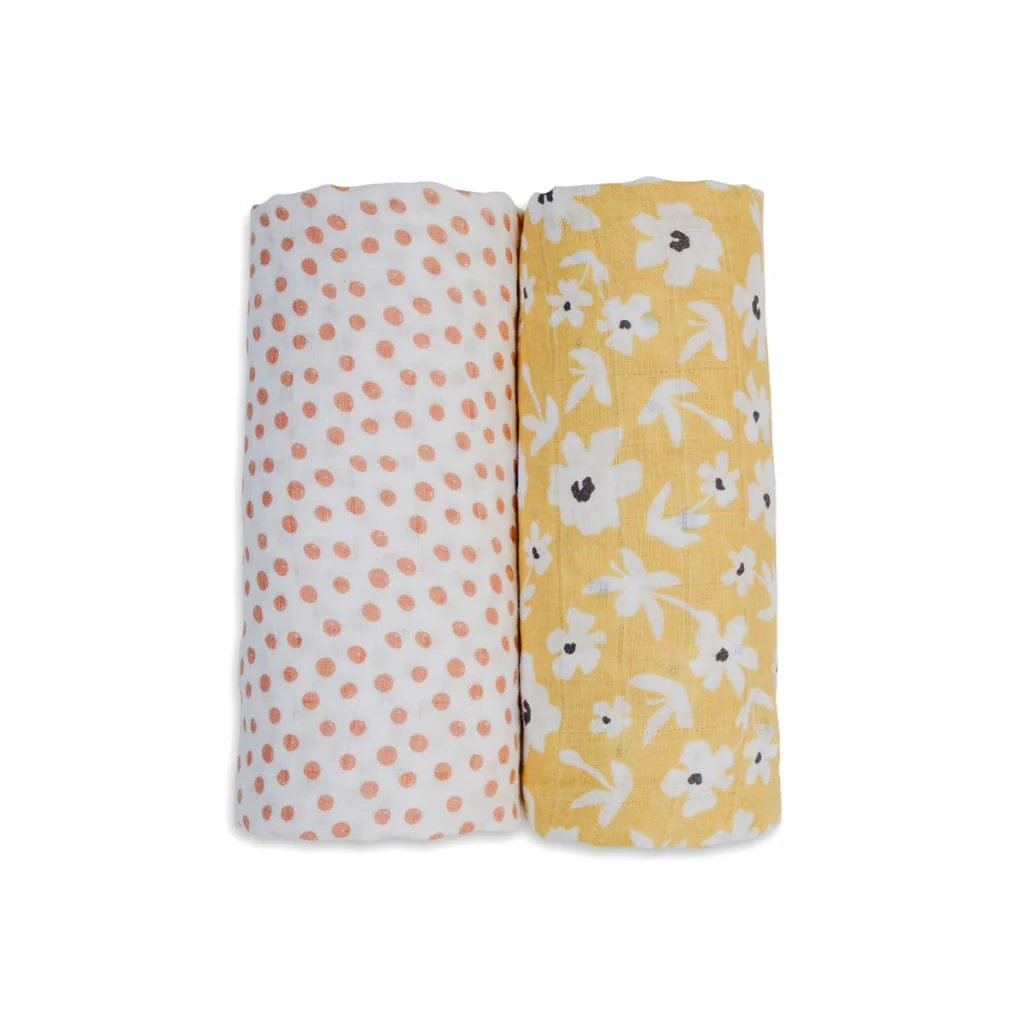 Two Pack Cotton Muslin Swaddles - Yellow Wildflowers & Dots by Lulujo - Image 4