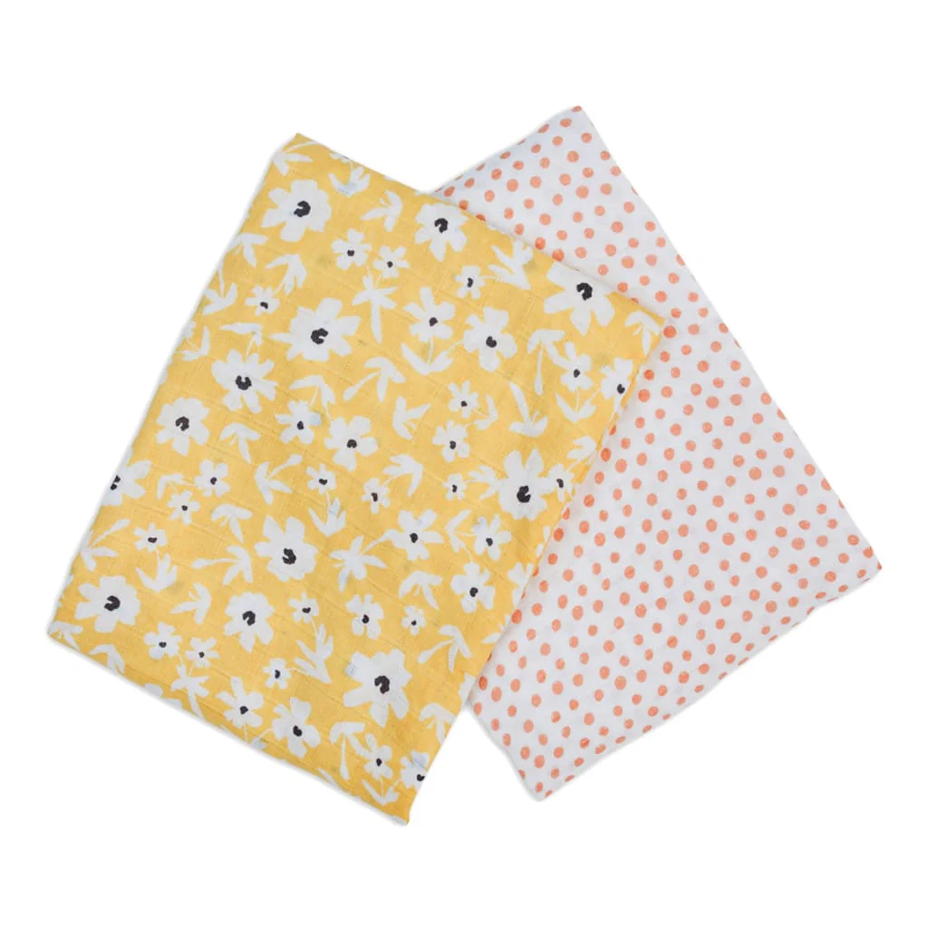 Two Pack Cotton Muslin Swaddles - Yellow Wildflowers & Dots by Lulujo - Image 5