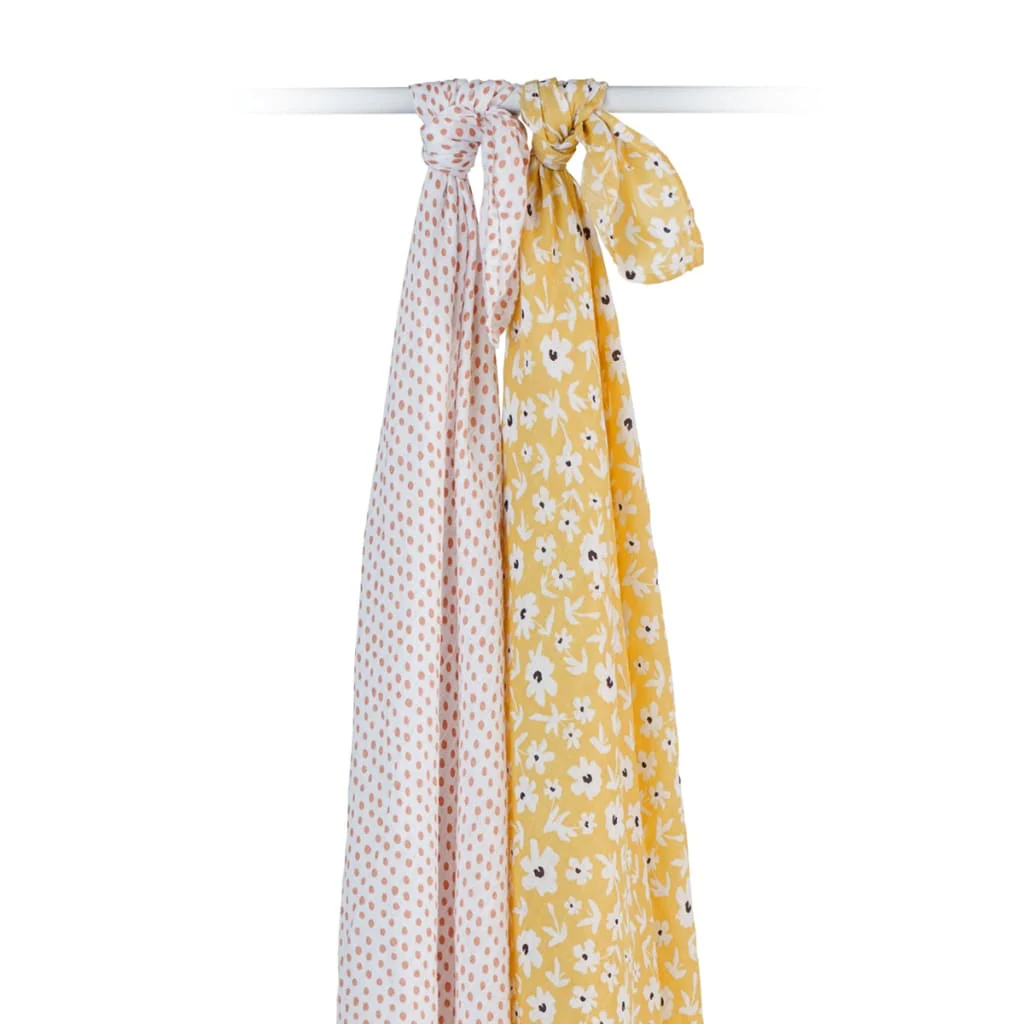 Two Pack Cotton Muslin Swaddles - Yellow Wildflowers & Dots by Lulujo - Image 6